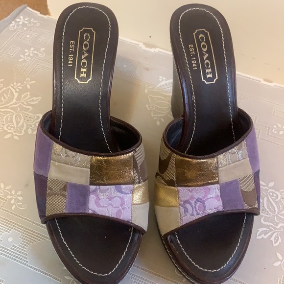 Y2K COACH SIGNATURE CHELSEA PLATFORM PATCHWORK LEATHER SZ 6M BROWN WEDGES HEELS - Picture 4 of 15